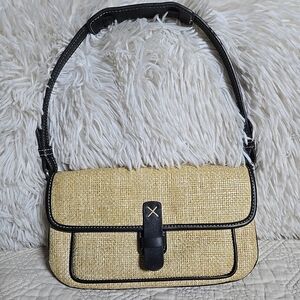 Ann Taylor Loft Small Straw Shoulder Bag With Brown Trim